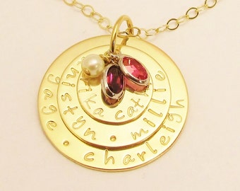 The NANA  NECKLACE 14K Gold  Hand Stamped Personalized Jewelry .. Mothers Charm Pendant Birthstones by silverpress