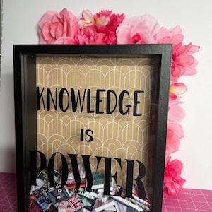 May include: A black framed shadow box with the words "KNOWLEDGE IS POWER" in bold black letters. The background is tan with a white geometric pattern. Miniature books fill the bottom of the box. Pink flowers are in the upper right corner.