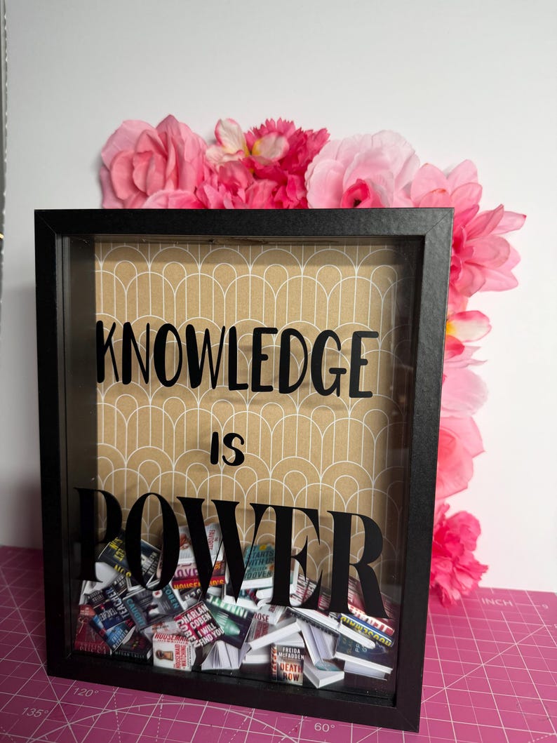 May include: A black framed shadow box with the words "KNOWLEDGE IS POWER" in bold black letters. The background is tan with a white geometric pattern. Miniature books fill the bottom of the box. Pink flowers are in the upper right corner.