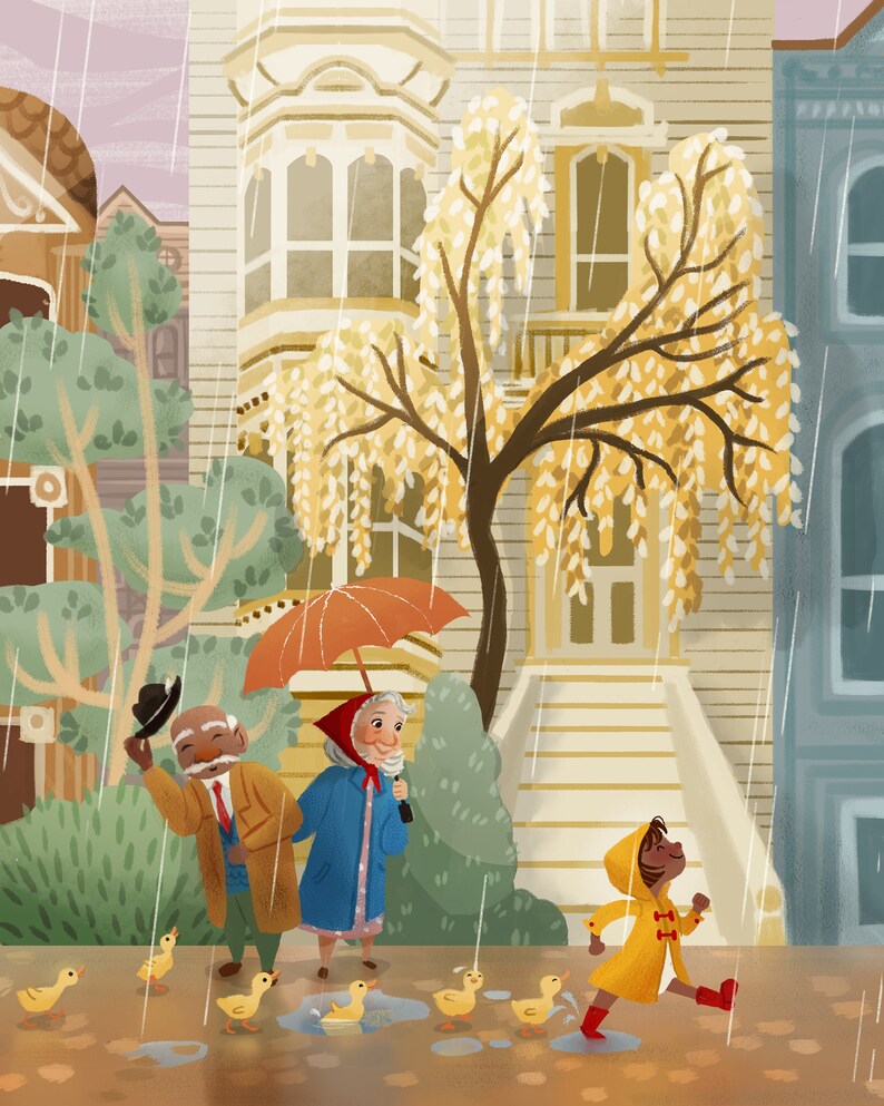 Midcentury illustration Nessa K Victorian buildings Cute rainy print of little girl in yellow raincoat with baby ducklings on rainy day