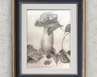Sleeping Baby on Mushroom Wall Art Print | Whimsical Mushroom Artwork