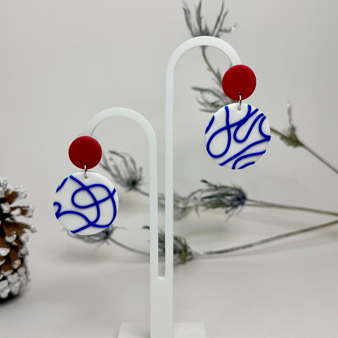 Abstract Line Art Earrings, Red and Blue Modern Polymer Clay Dangles - Etsy