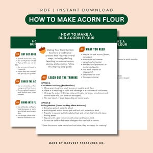 May include: A PDF guide titled "How to Make Acorn Flour" with step-by-step instructions. The guide includes sections on drying acorns, leaching tannins, and grinding into flour. The text is on a white background with green and brown accents.