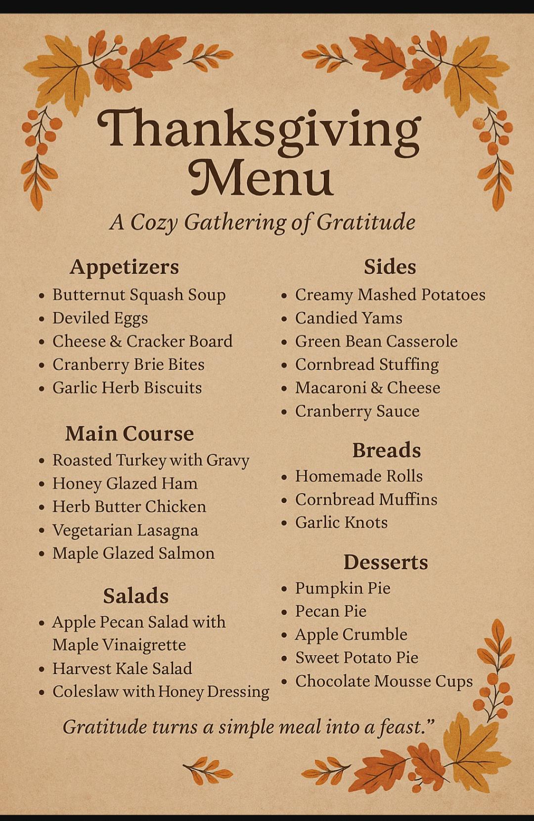 Elegant Thanksgiving Menu Printable | Autumn Dinner Decor (digital ...