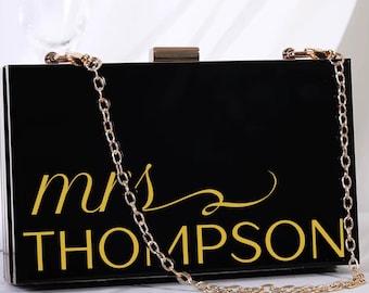 Personalized Mrs. Clutch Purse | Custom Bridal Clutch with Last Name | Wedding Day Bag | Bride/Engagement Gift | Mrs. Acrylic Clutch