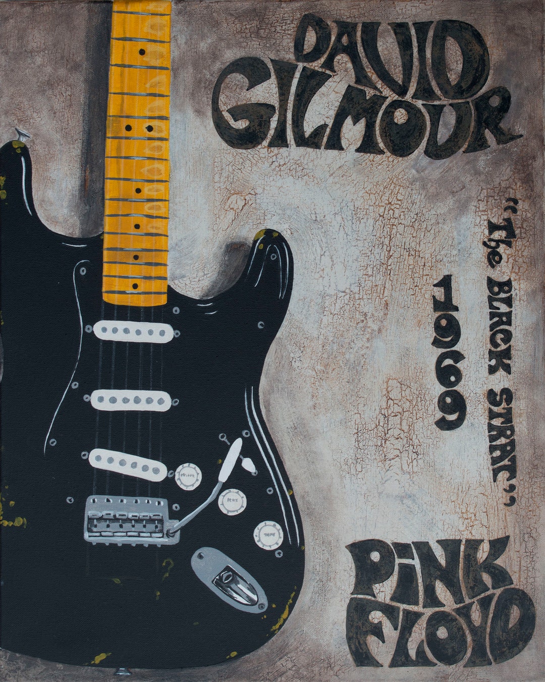 David Gilmour, Black Strat, Pink Floyd, Classic Rock Art, 1969 Fender