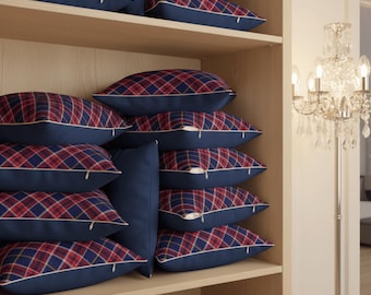 Cozy Red Navy Plaid Soft Throw Pillow | Tartan Checkered Sofa Cushion Decora | Home Decor Gift for Living Room & Bedroom [4 Sizes]