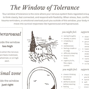 May include: An educational infographic titled The Window of Tolerance, featuring black and white line drawings of landscapes. It explains hyperarousal, optimal zone, and hypoarousal states, listing associated feelings and supportive tools for each.