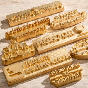 May include: A collection of gold-colored brass branding irons and stamps featuring various embossed text and logos, including the words Connected, Bochum, and Church Foundation, alongside a handcrafted by logo, all designed for heat-based marking.