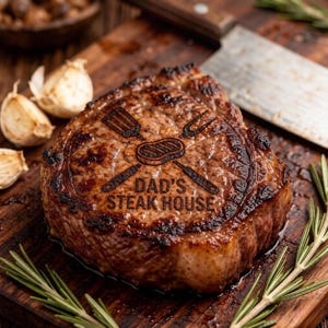 Peut inclure: Un steak grillé avec un marquage au fer d'une spatule, d'une fourchette, d'un couteau et d'un steak, avec le texte "DAD'S STEAK HOUSE". Le steak est sur une planche à découper en bois avec des gousses d'ail et des brins de romarin.