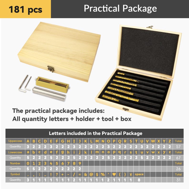 May include: A wooden box set labeled "Practical Package" containing 181 pieces. The set includes uppercase and lowercase letters, numbers, and symbols. Also included are a holder, tools, and a second wooden box. The set is designed for stamping.