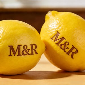 May include: Two vibrant yellow lemons, each bearing the brown letters "M&R". The lemons are close together, suggesting a pair. The background is a light brown, possibly a wooden surface. The image is well-lit, highlighting the fruit's texture.