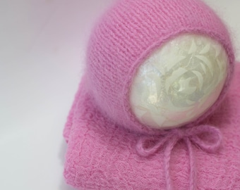 Newborn Angora Bonnet with Carnation Pink Cheesecloth Wrap