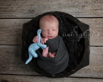 May include: A newborn baby wrapped in a dark gray blanket, nestled in a wooden bowl. The baby is holding a light blue stuffed dinosaur. The background is a wooden surface.