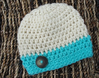 Newborn Baby Boy Hat in Ivory Off-White with Aqua Trim and Button Photo Prop