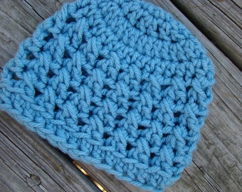 Hand-Crocheted Newborn Baby Hat, Slate Blue Knit Beanie