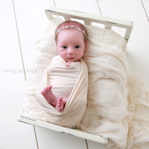 Newborn Photo Bundle White or Ivory Jersey Stretch Wrap, Extra Long, Double Length, White Cheesecloth Layer Baby Boy Girl Swaddle Photo Prop image 2