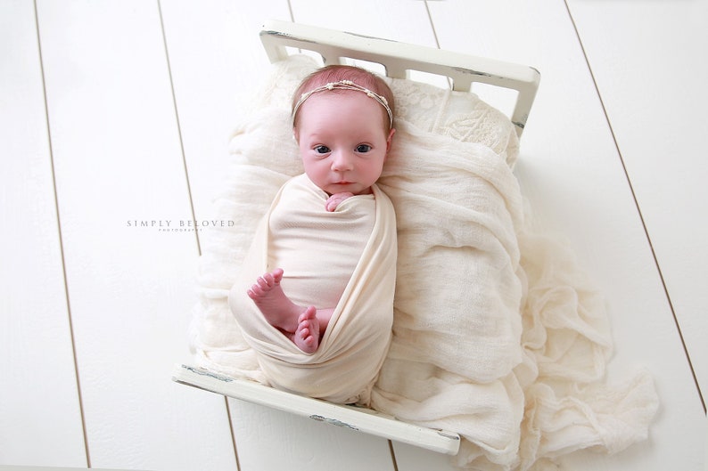 Newborn Photo Bundle White or Ivory Jersey Stretch Wrap, Extra Long, Double Length, White Cheesecloth Layer Baby Boy Girl Swaddle Photo Prop image 2