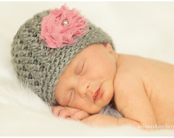 SALE!! Newborn Baby Girl Hat-Grey/Gray Rosy Pink "Shabby" Flower-Christmas Valentine's Day Fall Summer Photo Prop Baby Girl Boy Choose Color