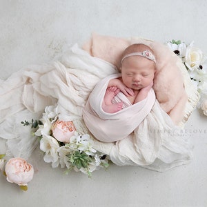 Newborn Photo Bundle White or Ivory Jersey Stretch Wrap, Extra Long, Double Length, White Cheesecloth Layer Baby Boy Girl Swaddle Photo Prop image 1
