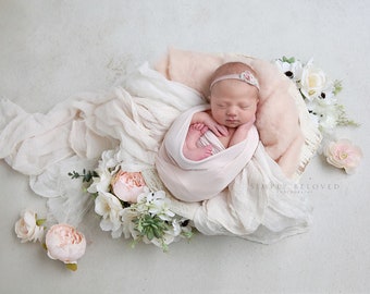 Newborn Photo Bundle White or Ivory Jersey Stretch Wrap, Extra Long, Double Length, White Cheesecloth Layer Baby Boy Girl Swaddle Photo Prop