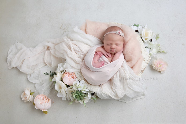 Newborn Photo Bundle White or Ivory Jersey Stretch Wrap, Extra Long, Double Length, White Cheesecloth Layer Baby Boy Girl Swaddle Photo Prop image 1