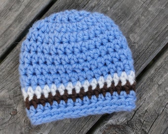 Baby Boy Hat--Summer/Spring/Fall All Season Newborn Baby Boy Hat/Cap in Baby Boy Blue, Chocolate Brown, and Ivory