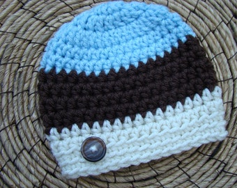 Newborn Baby Boy Button Hat--Baby Boy Blue, Chocolate Brown, and Ivory Cream