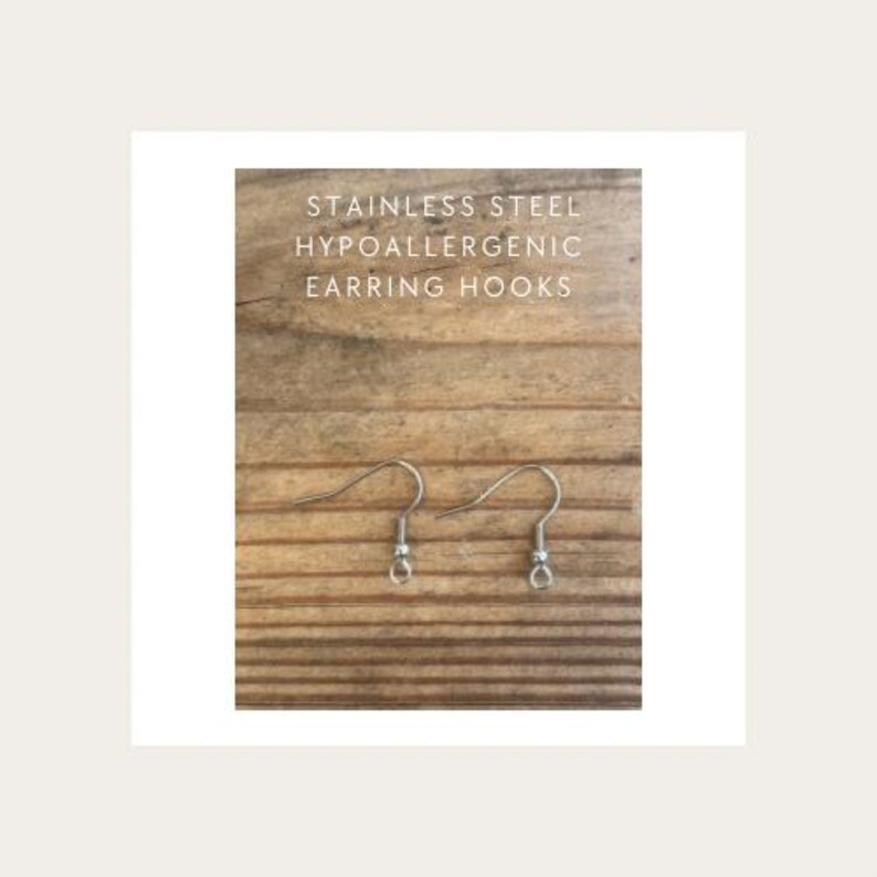 Peut inclure: Une paire de crochets de boucles d'oreilles en acier inoxydable de couleur argent&eacute;e avec un design en fil courb&eacute; et une petite boucle &agrave; la base. Le texte STAINLESS STEEL HYPOALLERGENIC EARRING HOOKS est imprim&eacute; en lettres capitales blanches.
