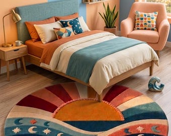 Tufted Sun and Moon Round Rug - Boho Celestial Area Carpet for Nursery & Bedroom.