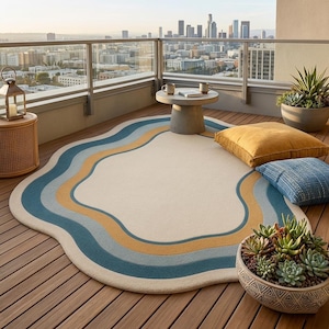 Abstract Wavy Area Rug: Ivory, Teal Blue, Mustard Contour Design