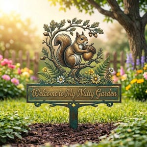 Rolig ekorreträdgårdsskylt i metall, Välkommen till min nötiga trädgårdsdekor, rustik trädgårdspåle i skogen, presentplakett för utomhusträdgård