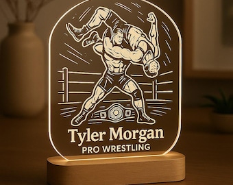 Wrestling Night Light: Custom Laser Engraved Gift with LED Wooden Base
