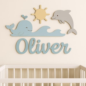 Whale & Dolphin Nursery Name Sign: 3D Wooden Wall Art