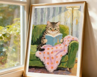 Impresión de arte de pared de gato leyendo, póster con ilustración de gato acogedor, arte animal caprichoso para dormitorio o rincón de lectura, regalo para amantes de los gatos
