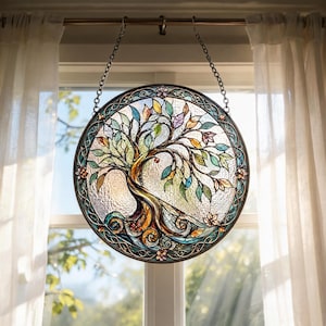 Vitral Árvore da Vida para pendurar na janela, decoração celta de parede, presente para amantes da natureza, presente de boas-vindas.