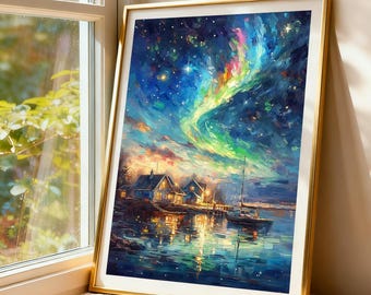 Affiche d'aurores boréales, impression d'aurore boréale, affiche en toile de ciel nocturne, oeuvre d'art murale paysage pour décoration de salon