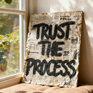Peut inclure: Une œuvre d'art rectangulaire avec l'inscription "TRUST THE PROCESS" en lettres noires et grasses. L'œuvre est réalisée sur un fond de journal et posée sur un rebord de fenêtre.
