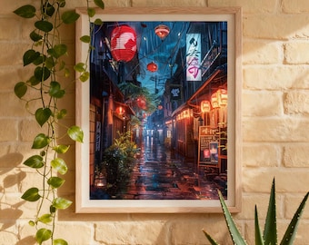 Póster de calle japonesa, impresión artística de pared de neón de ciudad, lienzo de callejón nocturno de Tokio, arte de pared para sala de estar, dormitorio y decoración.
