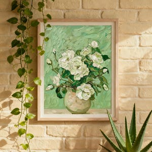White Flowers in Vase Wall Art Print – Impressionist Floral Painting, Green Vintage Botanical Poster, Elegant Cottagecore Home Decor