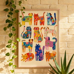 Colorful Animal Wall Art Print, Cat and Dog Illustration Poster,  Boho Home Decor, Pet Artwork, Pet Lover Gift