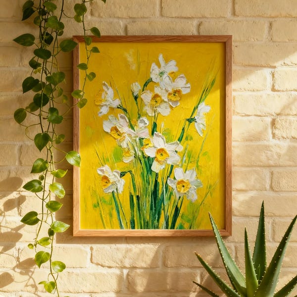 Yellow Daffodil Wall Art Print, Flower Home Decor, Bright Botanical Canvas, beige aesthetic