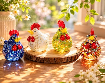 Hand Blown Glass Chicken Figurine, Colorful Art Glass Rooster Decor, Farmhouse Animal Sculpture, Country Kitchen Gift, Hen Ornament