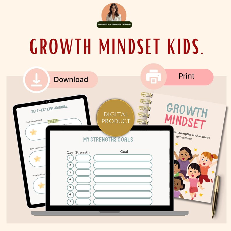 May include: Digital download of a Growth Mindset Kids journal and printable. The image shows a laptop, tablet, and notebook with the words "Growth Mindset Kids" and "My Strengths Goals". A gold pen is also visible.