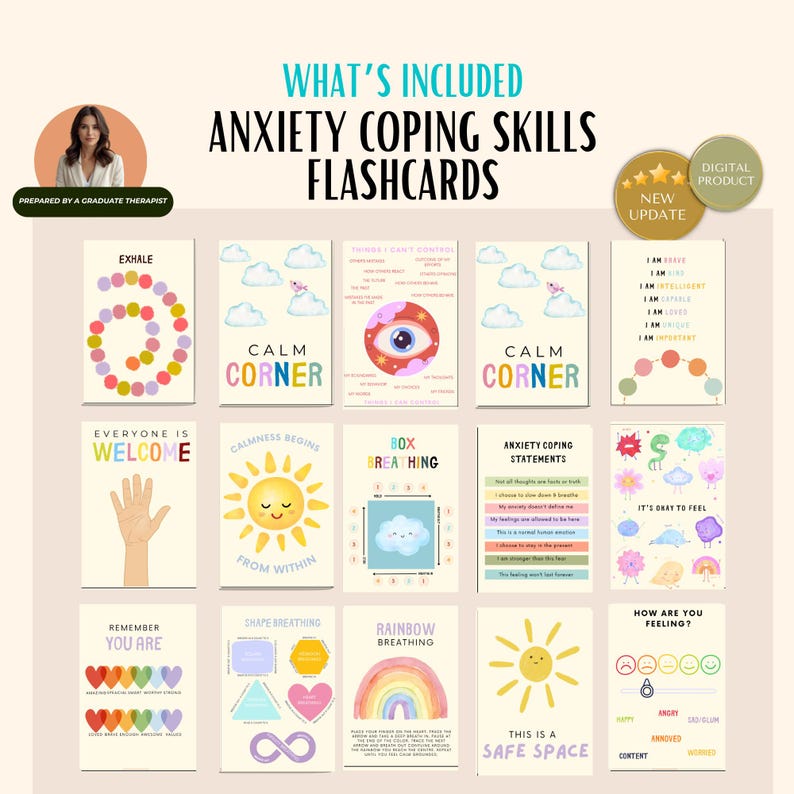 Op de afbeelding: Een verzameling flashcards met vaardigheden om met angst om te gaan, met kleurrijke illustraties en tekst. De kaarten bevatten zinnen als "Calm Corner", "Box Breathing" en "This is a Safe Space". De afbeelding bevat ook een "New Update"-badge.