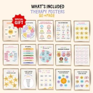 Op de afbeelding: Een verzameling van 15 ingelijste therapieposters met verschillende onderwerpen over geestelijke gezondheid. De posters bevatten kleurrijke illustraties en tekst, waaronder onderwerpen als dagelijkse affirmaties, uitdagende negatieve gedachten en aardingstechnieken. Een rode ster-vormige "Special Gift" sticker is zichtbaar.