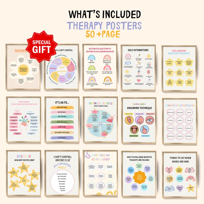 Op de afbeelding: Een verzameling van 15 ingelijste therapieposters met verschillende onderwerpen over geestelijke gezondheid. De posters bevatten kleurrijke illustraties en tekst, waaronder onderwerpen als dagelijkse affirmaties, uitdagende negatieve gedachten en aardingstechnieken. Een rode ster-vormige "Special Gift" sticker is zichtbaar.