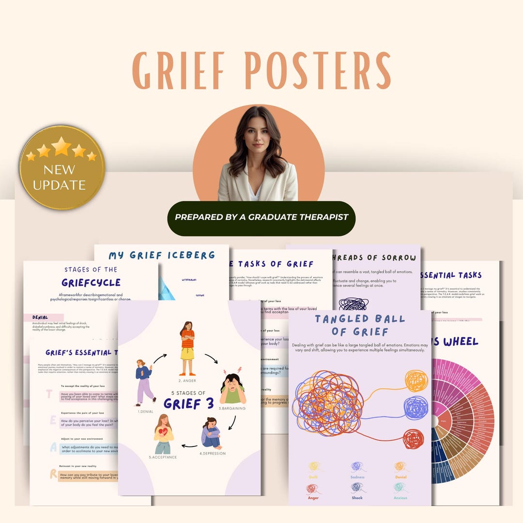 Grief Posters Bundle, Stages of Grief Prints, Growing Around Grief ...