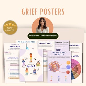 May include: A collection of grief posters with titles like "Grief Cycle" and "Tangled Ball of Grief." The posters feature illustrations and text, with a photo of a woman at the top. The words "New Update" are in a gold circle.