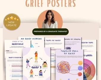 Grief Posters Bundle, Stages of Grief Prints, Growing Around Grief, Rain Technique, Grief Iceberg, Iron Grief Therapy Wall Art, Counseling